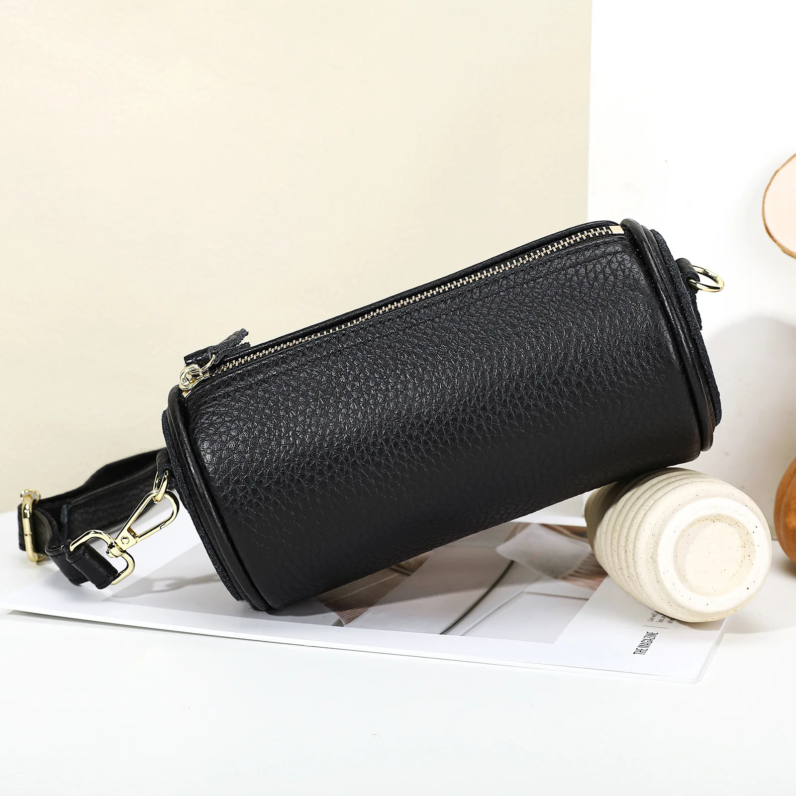 Genuine Cowhide Leather Cylinder Shoulder Bag Women Minimalist Half Moon Crossbody Purse Casual Tote Handbag With Strap