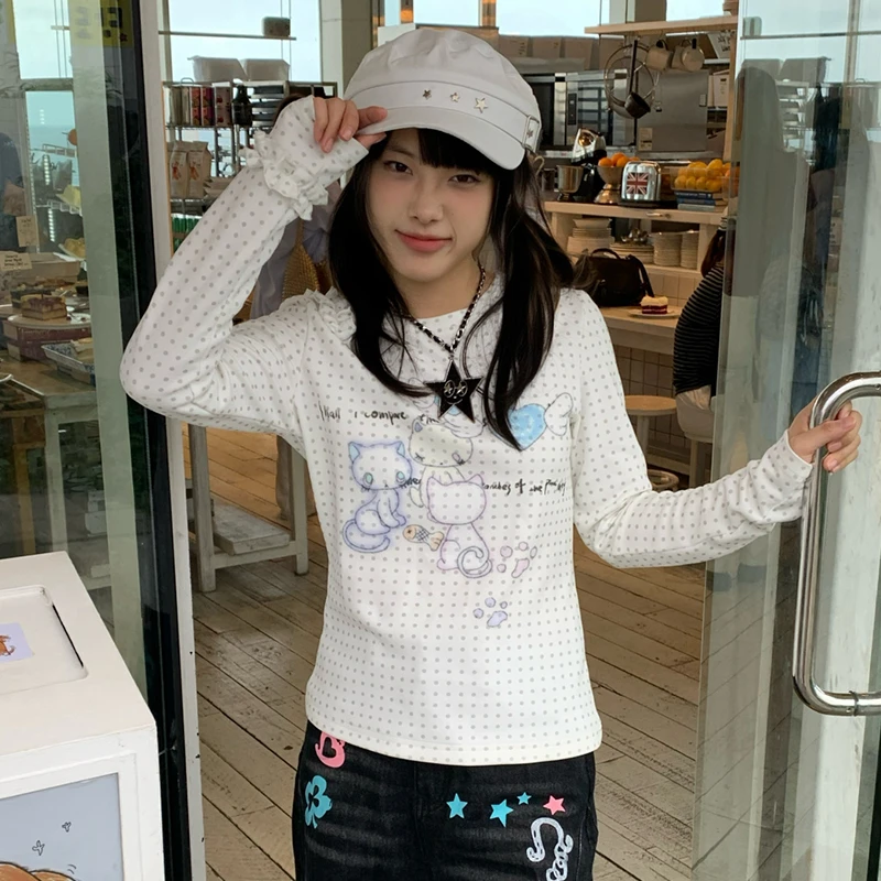 Karrram Japanese Y2k Anime Print Knitted Tops 2000s Aesthetics Long Sleeve T-shirt Cutecore Polka Dots Ribbed Tops Kawaii Cat