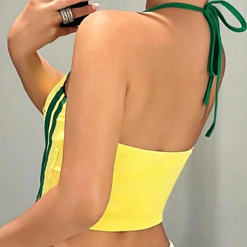 American Spice Girl Printed Tube Women Top Yellow-green Contrasting Side Stripes Design Short Edition Vest Sports Spice Girl Top - view 4