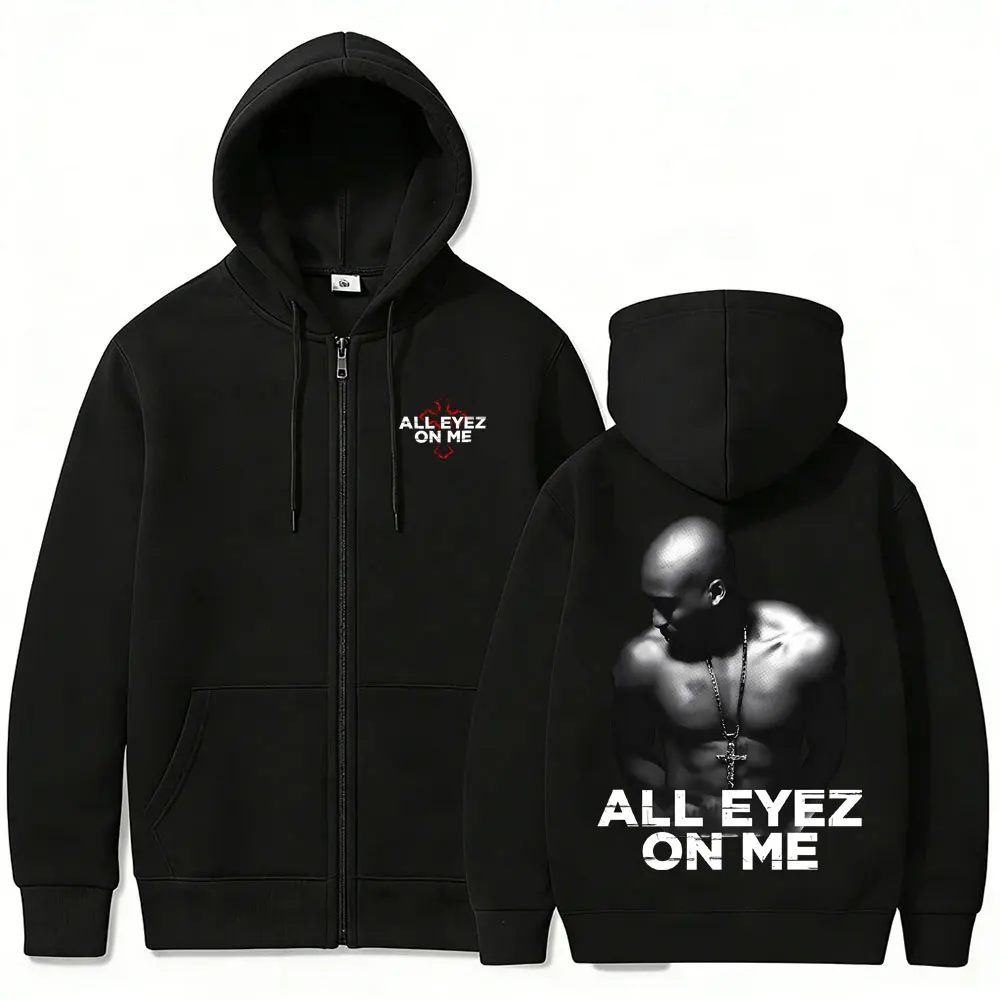 Rapper Tupac 2pac All Eyez on Me Cross Zipper Hoodie für Männer und Frauen Hip-Hop Mode Reißverschluss-Kapuzenpullover Herren Lässige Übergroße Streetwear – Detail 3