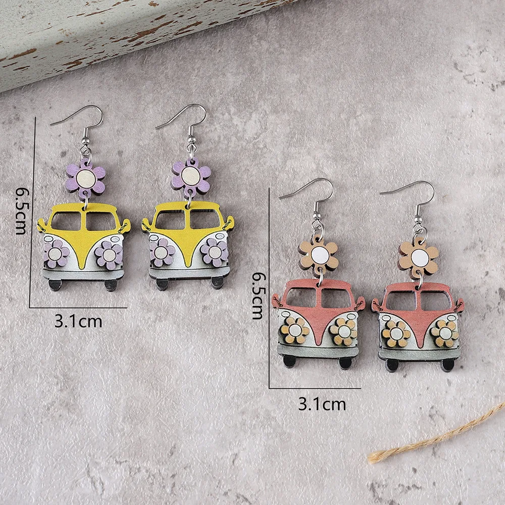 New Back to School Season Opening Season Graduation Season Flower School Bus Earrings Teacher\'s Day Student Wooden Earrings Gift