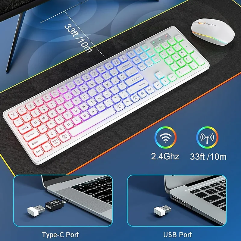 Rechargeable Wireless Keyboard Mouse Combo 2.4G USB RGB Backlight Keyboards and Gaming Mice Set for Computer Mac PC Laptop