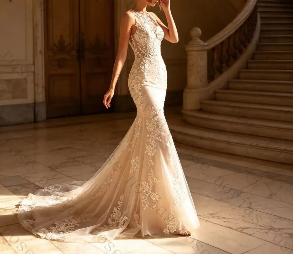 Customzied Temperament Lace Mermaid Wedding Dresses Round Neck Sleeveless Sequined Applique Illusion Back Buttons Bridal Gown