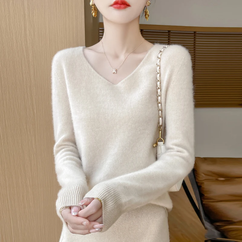 Autumn And Winter New 100% Wool Women\'s V-neck First-Line Ready-To-Wear Knitted Bottoming Sweater Loose Slim Pullover Cashmere