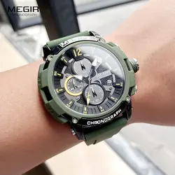 MEGIR Chronograph Quartz Watch for Men Olive Green Silicone Strap Wristwatch with Auto Date 3atm Waterproof Luminous Hands 2208