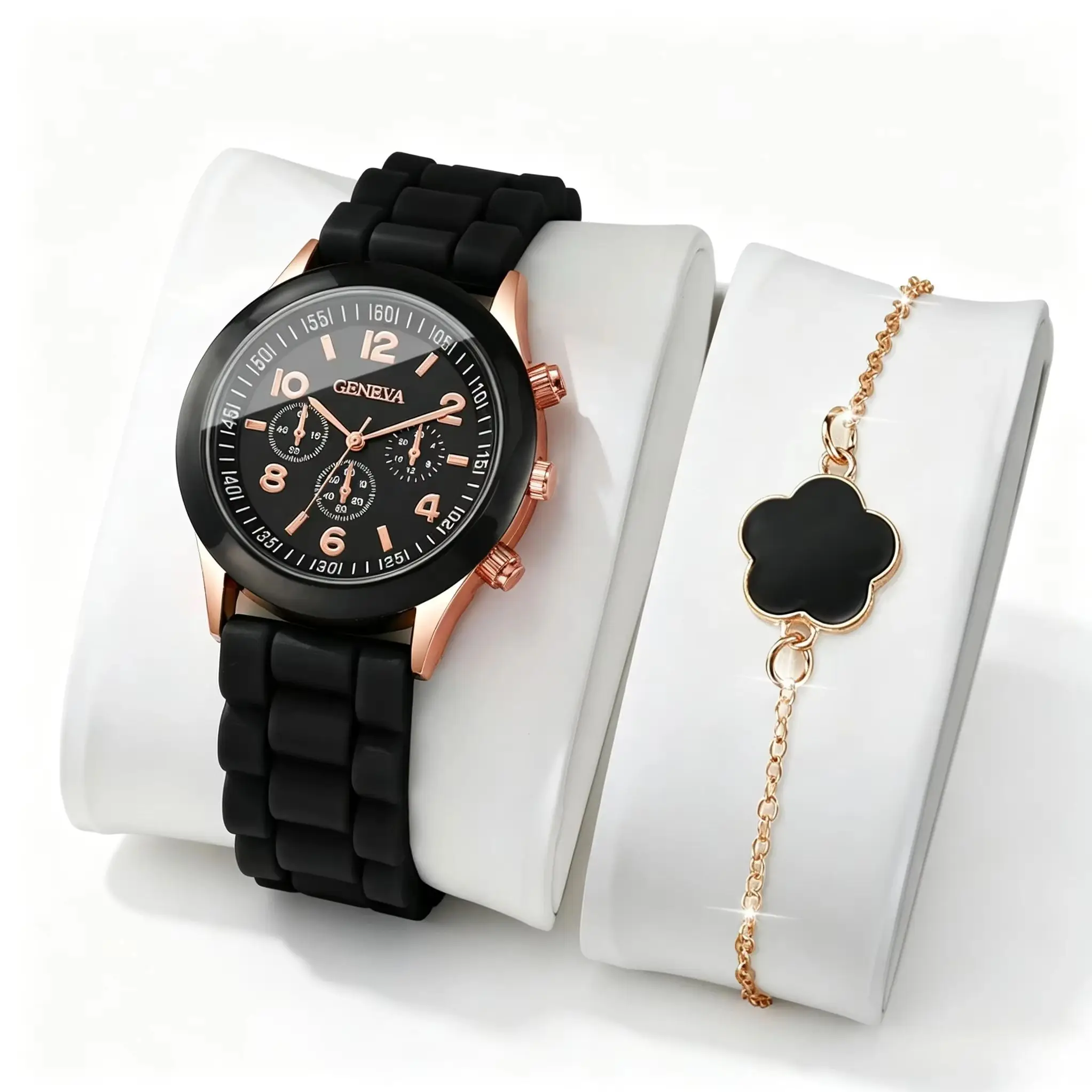 2PCS/Set Fashion Arabic Dial Women's Quartz Watch Silicone Strap Wristwatches Heart Bracelet Relogio FemininoWithout Box)