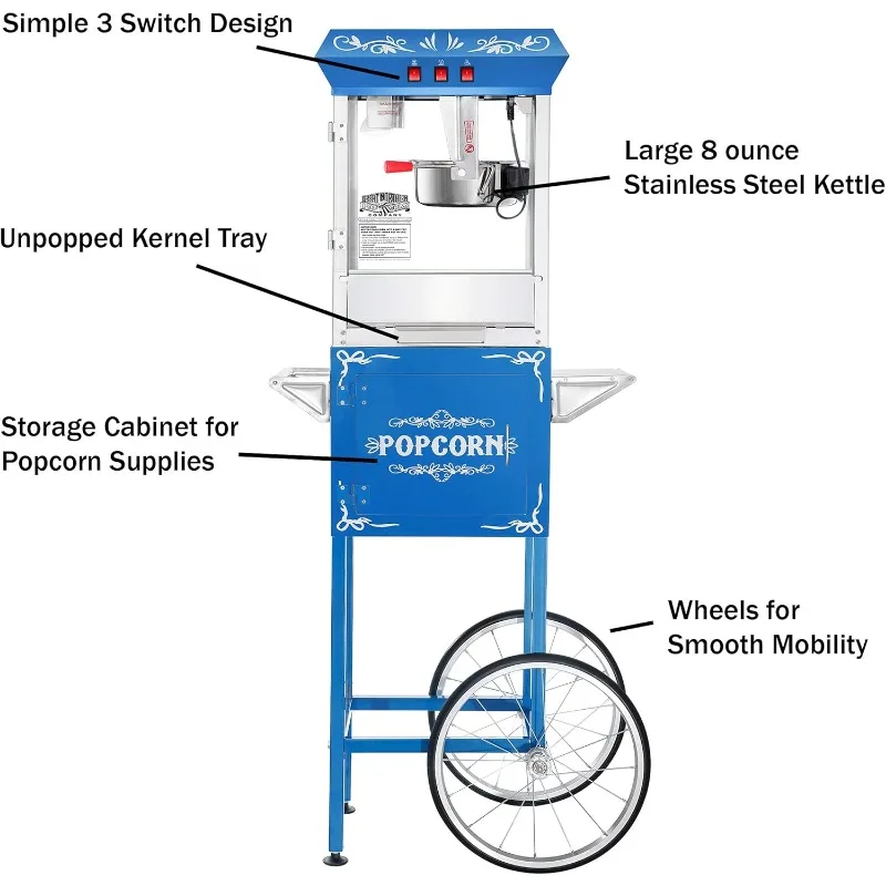 Great Northern Popcorn Machine, 8oz Popper com chaleira de aço inoxidável, Warming Light, Acessórios