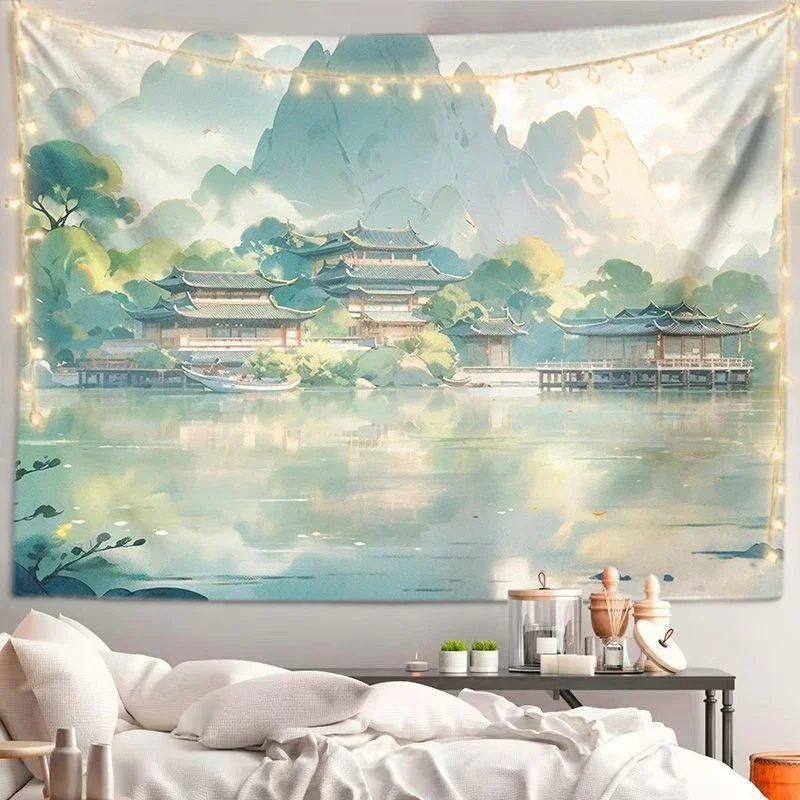VIKAMA Chinese Water Town Rain Tapestry Wall Hanging, 6 Designs, Wall Decor for Bedroom Living Room Dorm