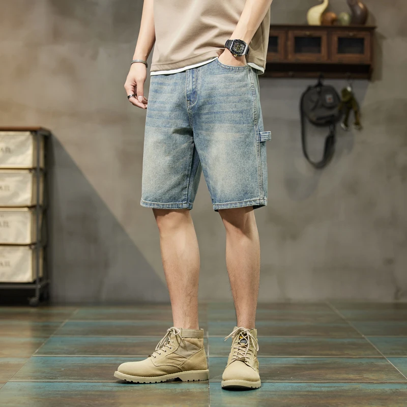 American Retro Casual Men's Denim Shorts Summer Loose Five-Point Leisure Jeans Straight Leg Cut-Off Shorts Youth Trend