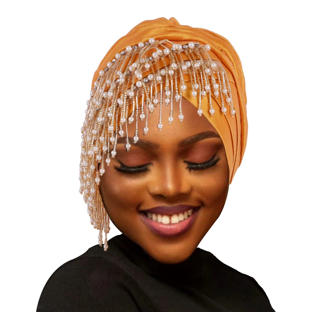 2024 Fashion Women Bead Tassel Turban Cap Muslim Headscarf Bonnet Inner Hijabs African Head Wraps for Party Pleated Headwear