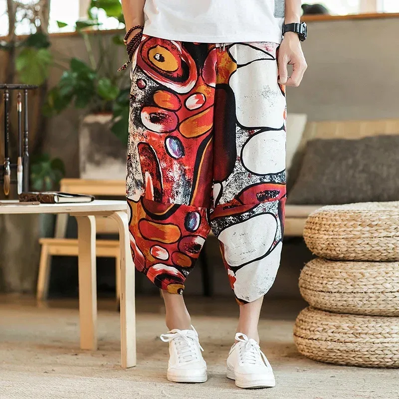 Ropa de calle Harajuku Harem para hombre, pantalones para correr de algodón de verano para hombre, pantalones de chándal hasta la pantorrilla de estilo chino Vintage para hombre 1098 NM34