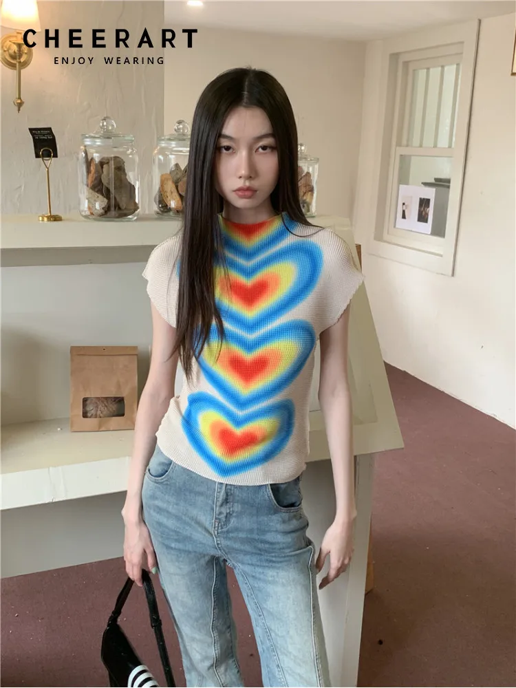 

CHEERART Cyber Y2k Heart Pleat Graphic Short T Shirts Fashion Designer Top For Women 2023 Turtleneck Summer Cute Tops White Tee