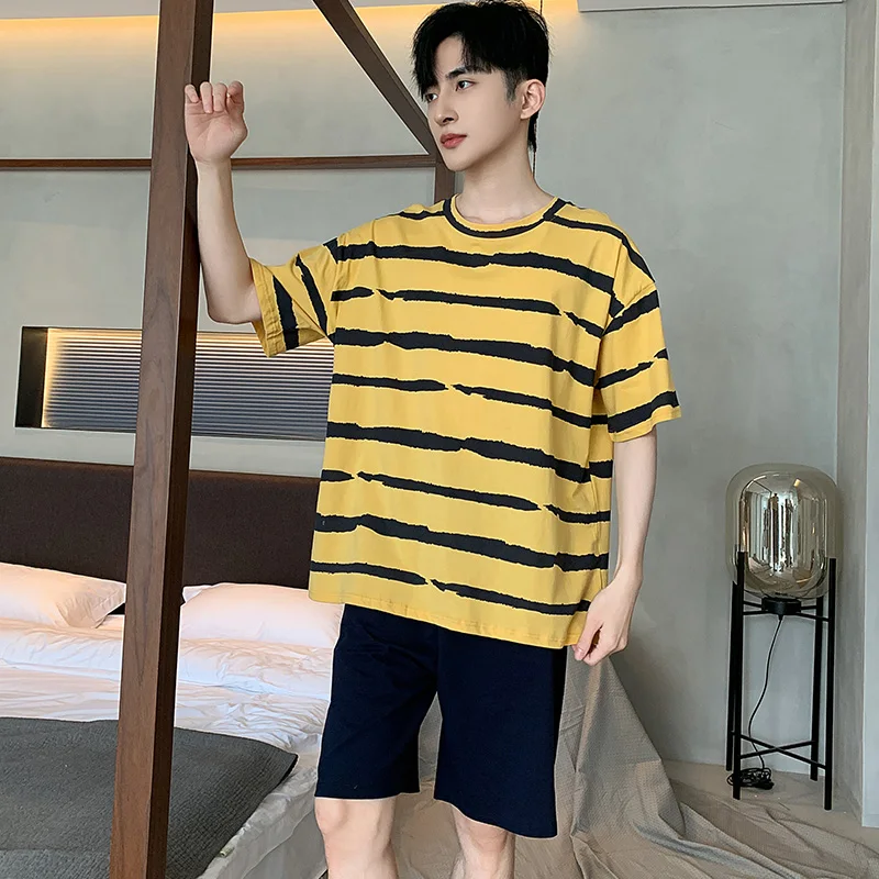 Summer Men Modal Pajamas Set Short Sleeve Sleepwear Male Striped Nightwear