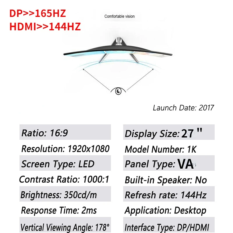 Imagem -06 - Asushom 27 Polegada 144hz 165hz Monitor de Tela Curvada Computador Monitor pc 1k hd Gaming Hdmi 24 Tela Plana Monitor Portátil