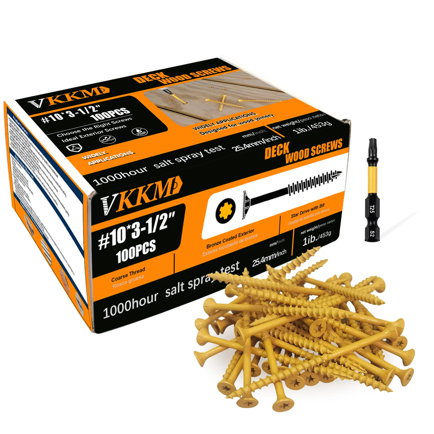 

VKKM 3-1/2 Inch Deck Screws, Wood Screws #10*3-1/2, 100 Pieces, Anti-rust Epoxy Resin Coating, Including Torx T25 Drive, Yellow
