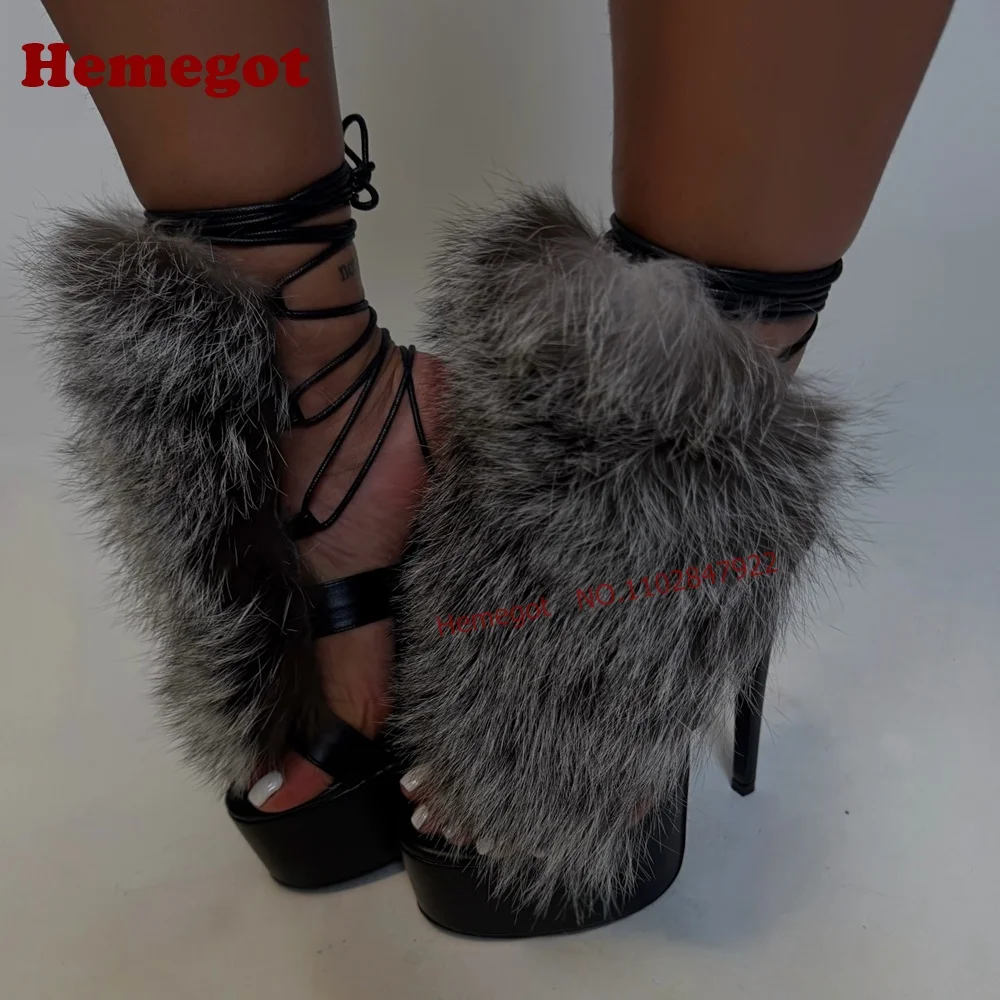 Faux Fur Cuff Platform Ankle Wrap Sandals Peep Toe Cross Strap Lace-Up Thin Stiletto Furry High Heels Sandals Patchwork Shoes