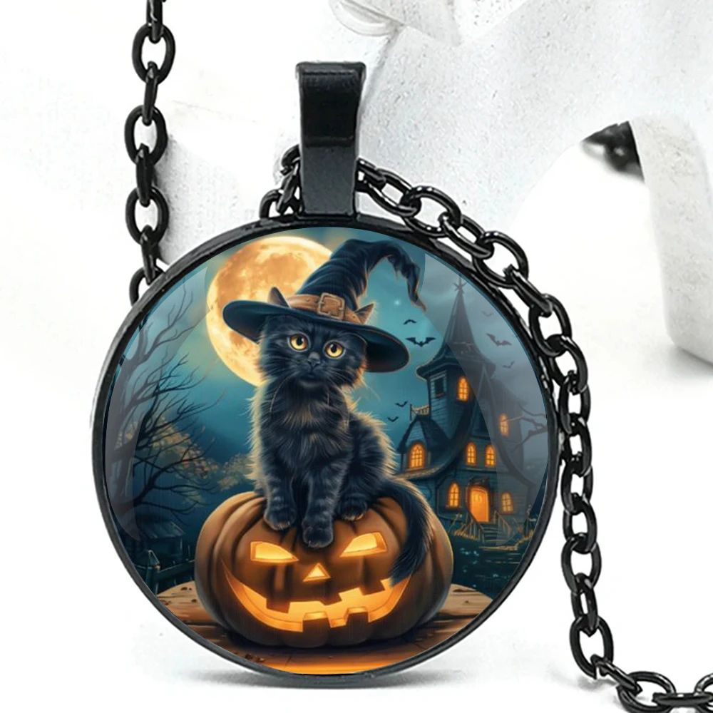 Cat Pumpkin Halloween Cosplay Fashion Accessory Glass Dome Pendant Necklaces Women Men Jewelry Accessories Unique Gift for Kids