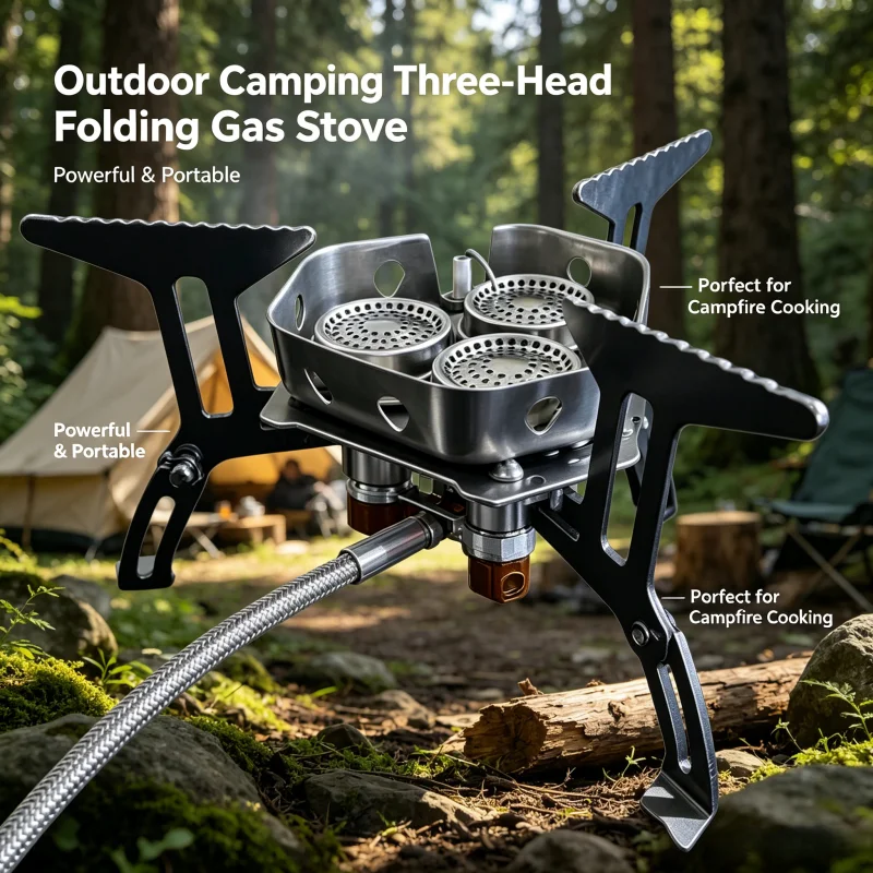Réchaud à gaz portable à 3 brûleurs, pliable comme un sac à dos pour un transport facile, idéal pour la randonnée en plein air, le camping et la cuisine en pique-nique