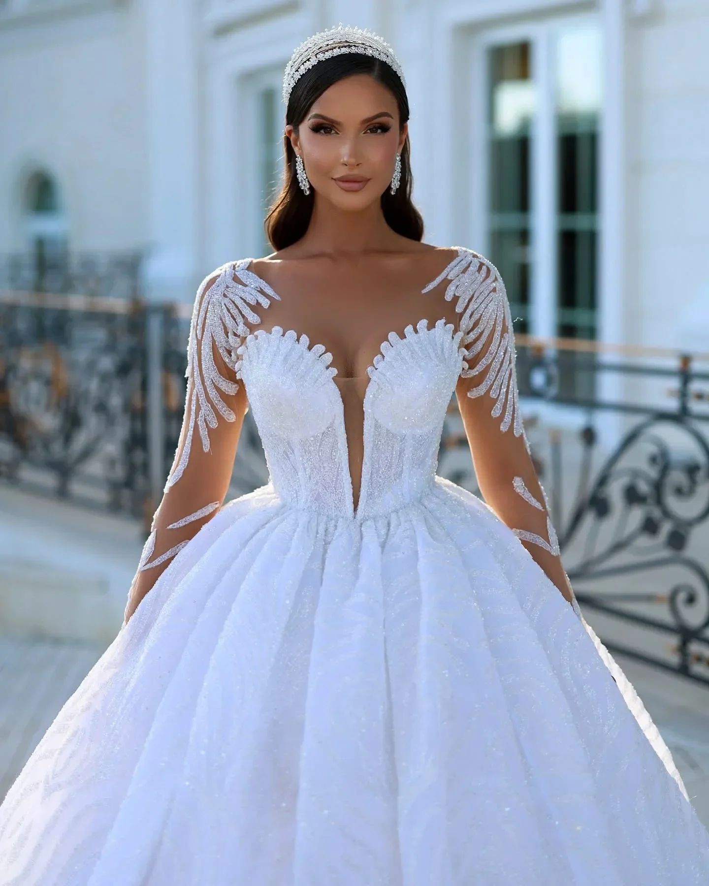 Flavinke Customized Women Wedding Dresses V Neck Long Sleeves Bridal Ball Gowns Lace Sequins Bride Party Dress Vestidos De Novia