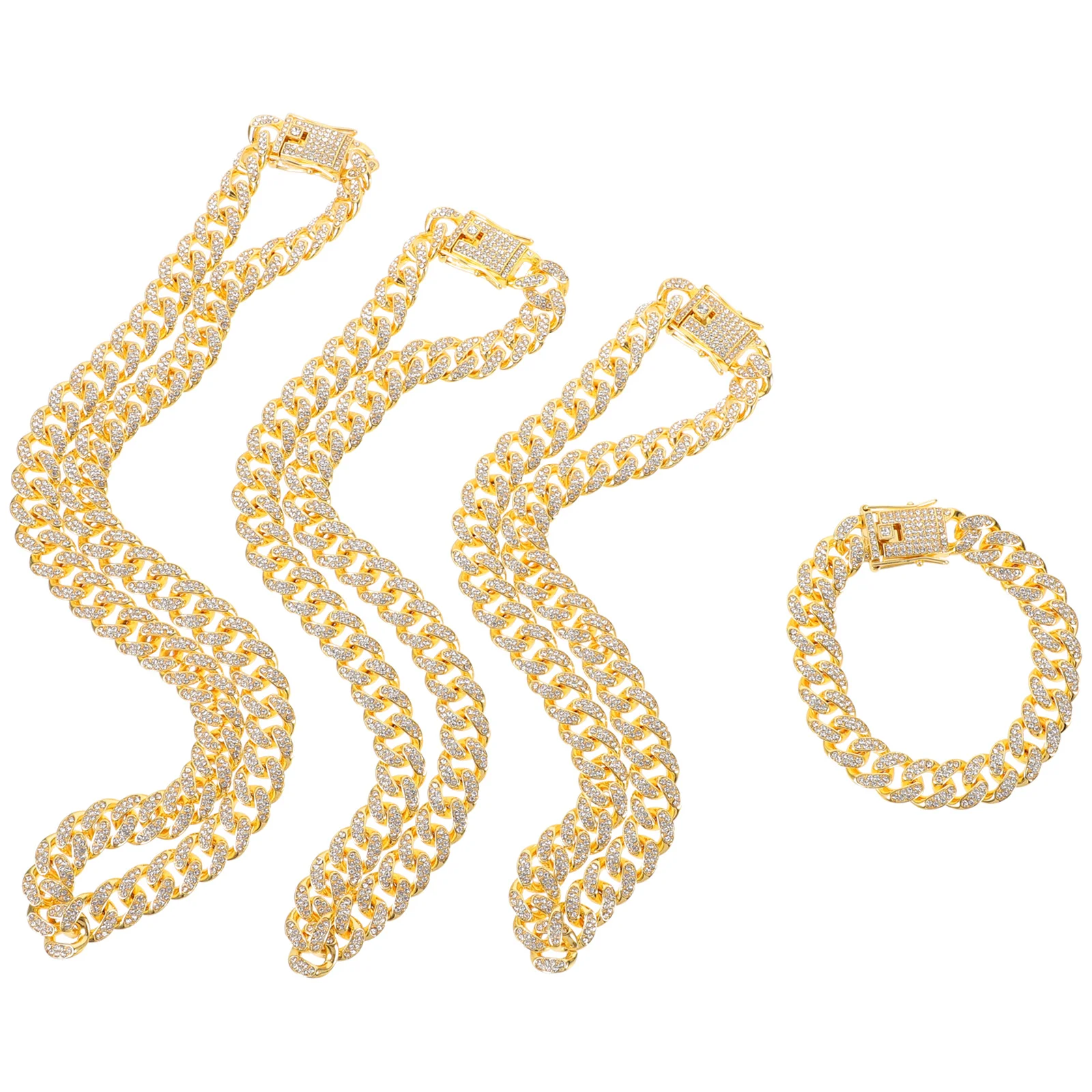 

4Pcs Unisex Link Chain Necklace Bracelet Rhinestone Hip Hop Jewelry Set Timeless Fashionable Versatile Bling Metal Gift