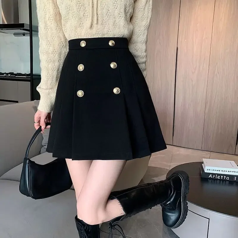 Thickened Woolen Pleated Skirt Women Autumn Winter Skirt 2024 New High-waisted A Line Skirt Female Students Black Pleated Skirts