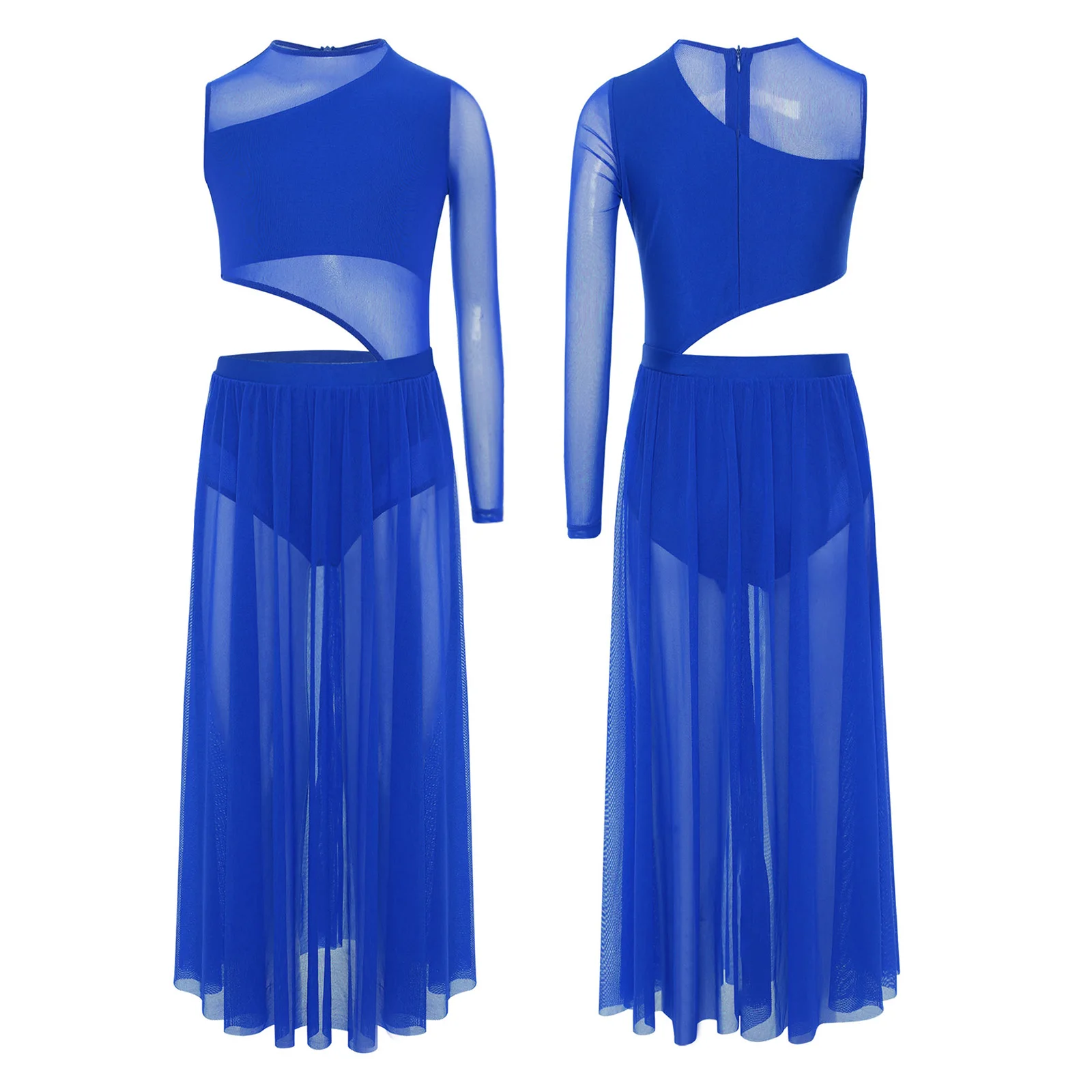 

Modern Lyrical Dance Dress for Girls Round Neck Asymmetrical Cutout Sides Split Sheer Mesh Patchwork Leotard Dress Dancewear