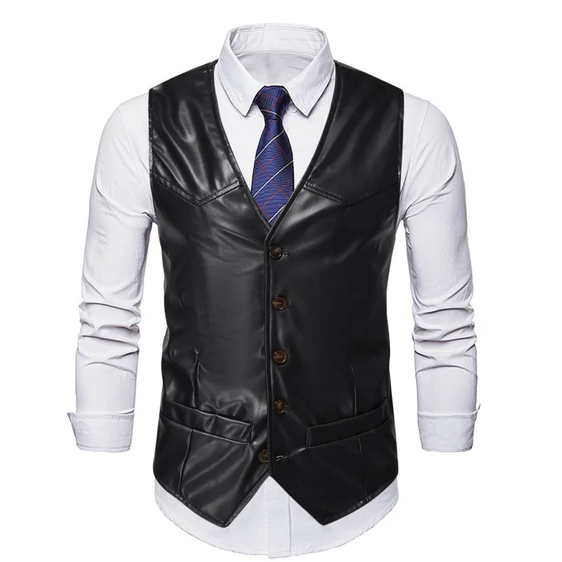 Preto vermelho laranja colete de couro falso masculino fino único breasted escritório colete sem mangas blazer colete plus size