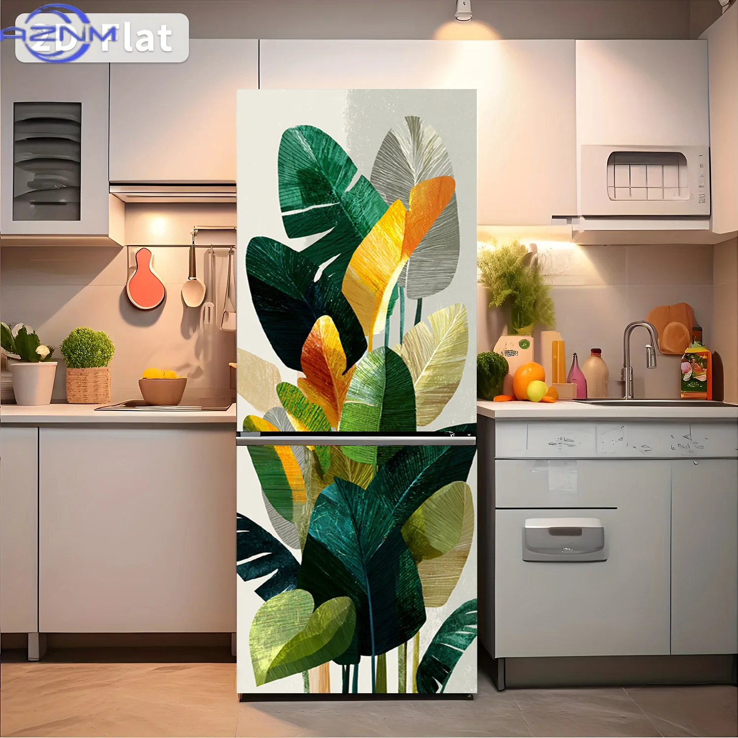 1pc Colorful Plant Illustration Refrigerator Sticker | Self-Adhesive Wall Decal For Cabinets And Wardrobes, Modern Kitchen