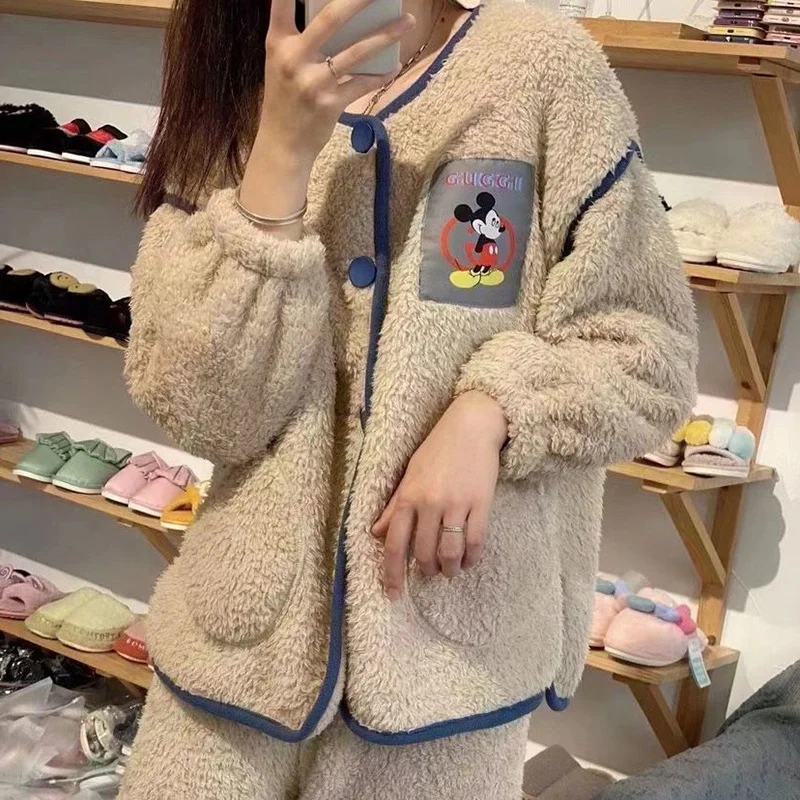 Disney Mickey winter new pajamas thickened and velvet female cartoon cute casual coral velvet can be worn outside loungewear