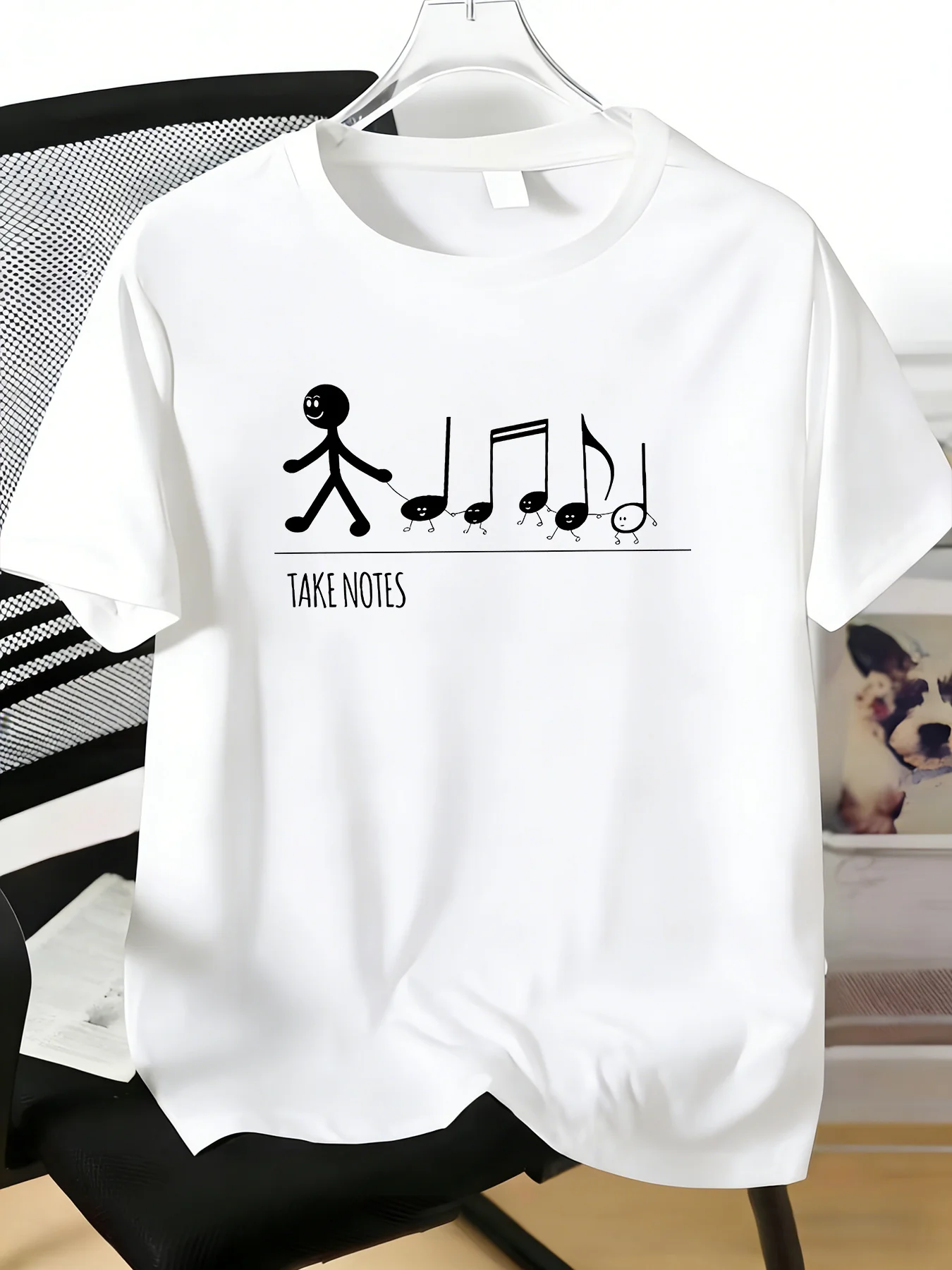 Stick Figure Pull Cute Music Notes Take Notes Print Mens Cotton Crew Neck Short Sleeve Tee Casual Summer Top For Music Fan Male