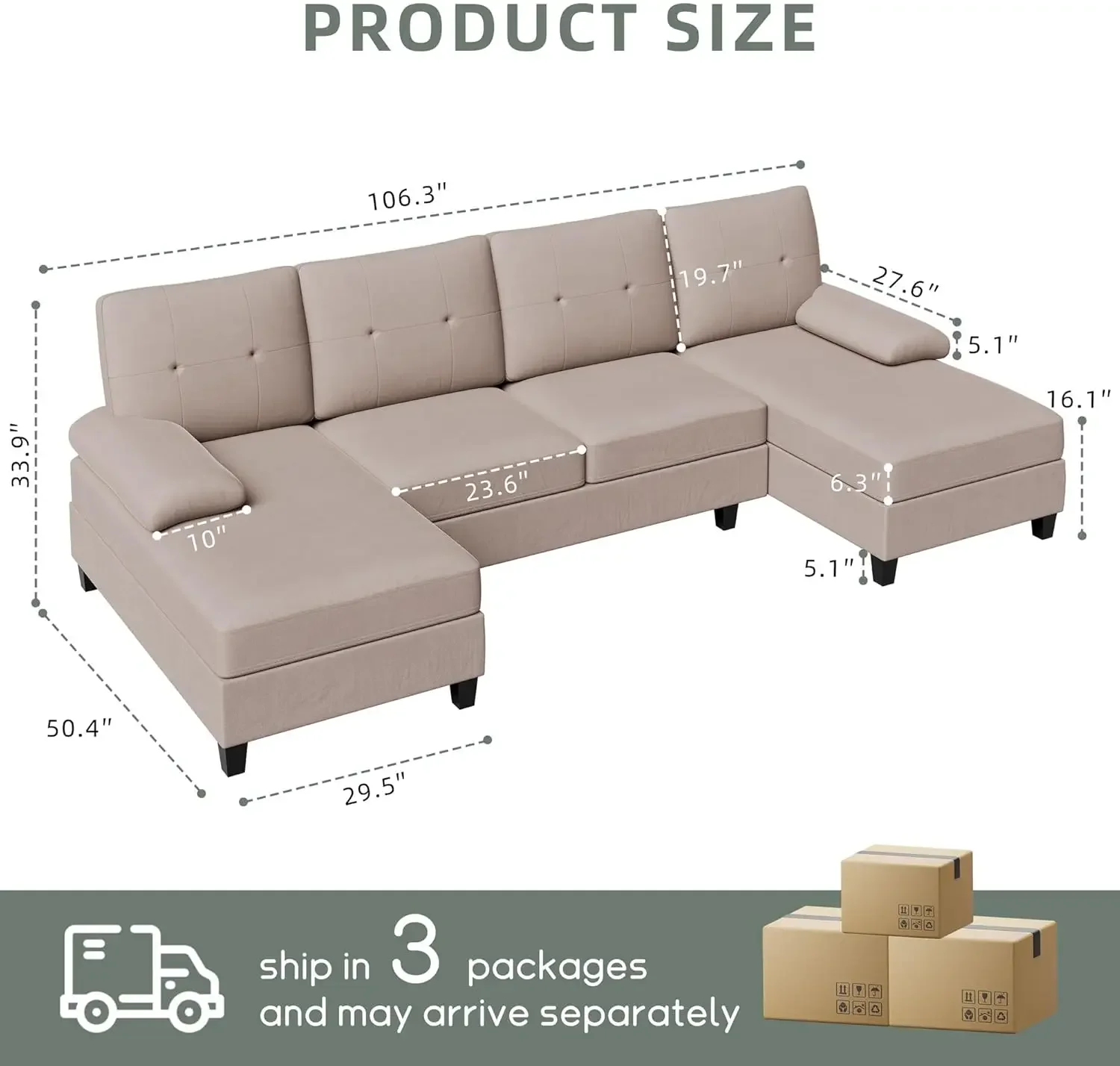 Sectional Couches for Living Room, U Shaped Sofa Couch with Double Chaise, 4-Seat Living Room Furniture Sets with Sof