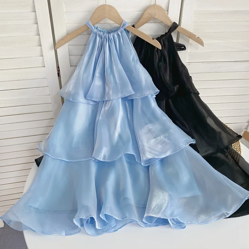Mini vestido de renda com cabeçada, organza perolada, babado sem mangas, bolo em camadas, boneca linha A, vestido de fada, festa, verão