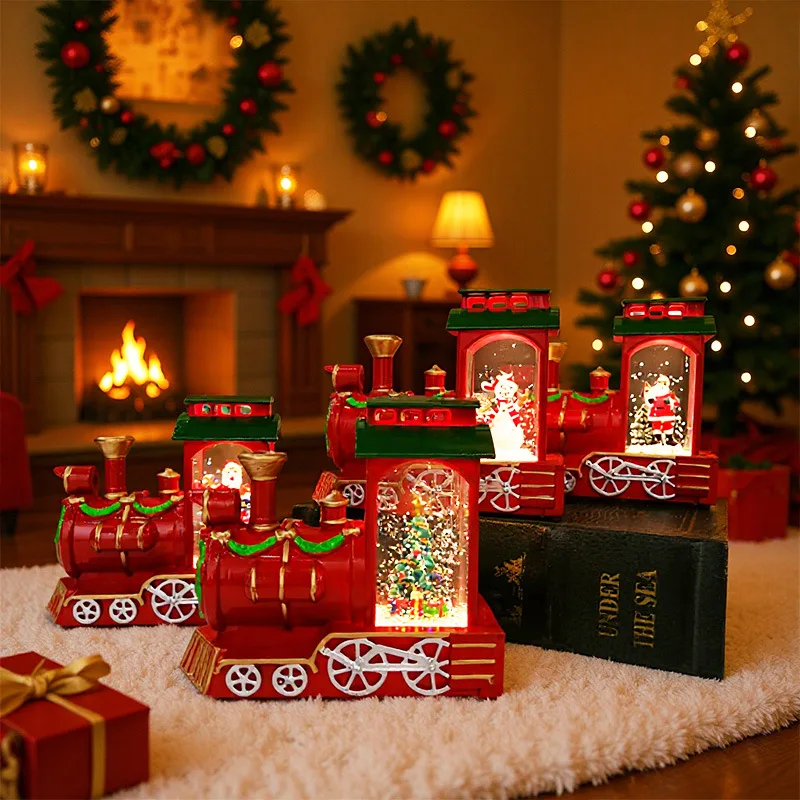 Night Light Christmas Gift Box Vintage Lighted Santa Small Train Creative Desktop Ornament Xmas Home Party Table Decor
