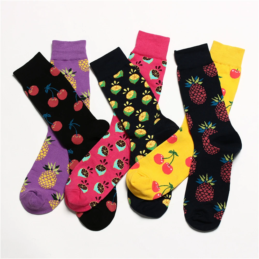 Happy Cherry Lemon Pineapple Strawberry Unisex Fruit Cotton Socks Skateboard Men Fashion Business Hipster Dropship