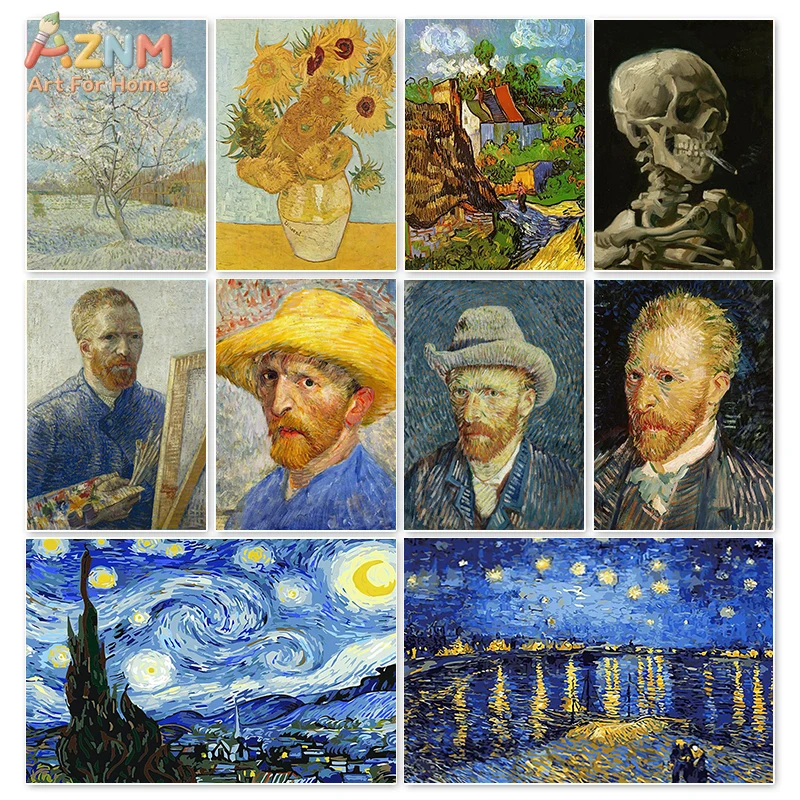 AZNM Van Gogh Classic Oil Painting Frameless Canvas Wall Art, Starry Night Sunflower Self Portrait Print for Home Decor