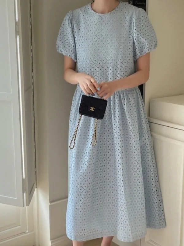 

Dongdaemun Summer 2025 New Heavy Embroidery Women's Dr Korean Sle Long Skirt round Ne ort Sve Other Material 00%