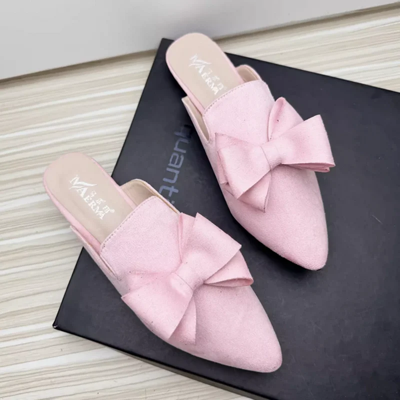 Women Designer Sweet Shoes Pointed Toe Flat Flock Cloth Half Slippers With Big Bow Yellow Rose Red Slide Mules No Heels 48 47 46