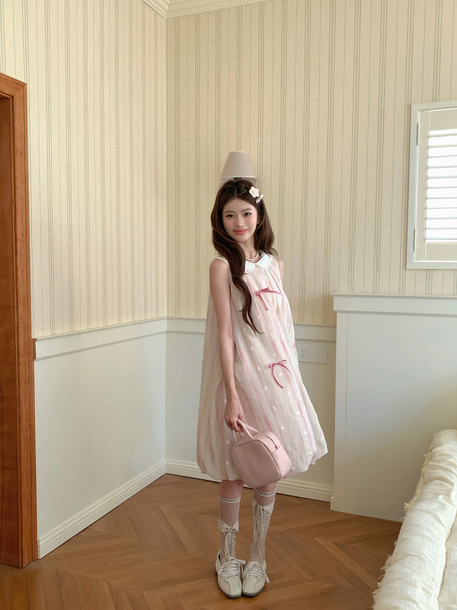 Pink  Knot Summer Design Sensation Women's Dress RRFIGHT Sweet Style Natural Waist Cotton Polyester A-Line Skirt