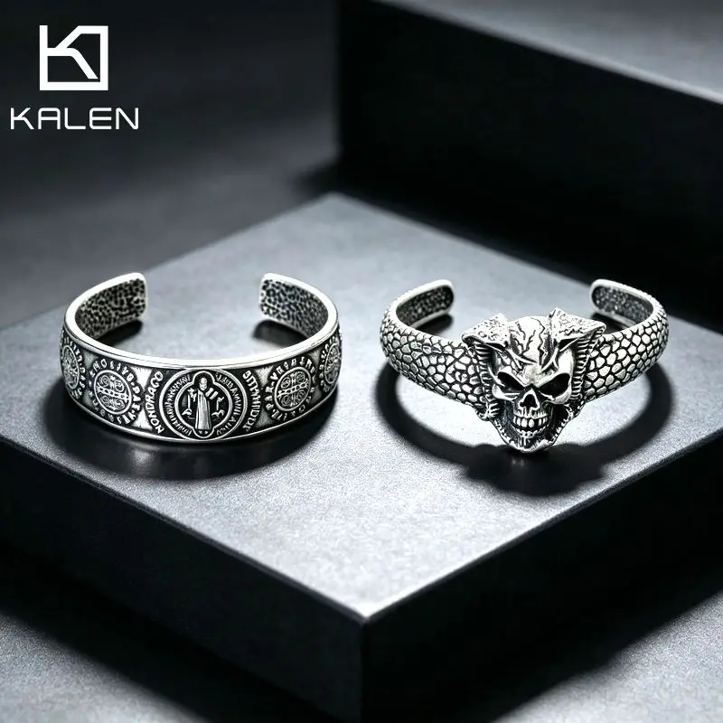 KALEN Gothic Stainless Steel Skull Patterned Bangle Vintage Punk Bracelet For Men Fashion Jewelry Haunted House Accessories Gift