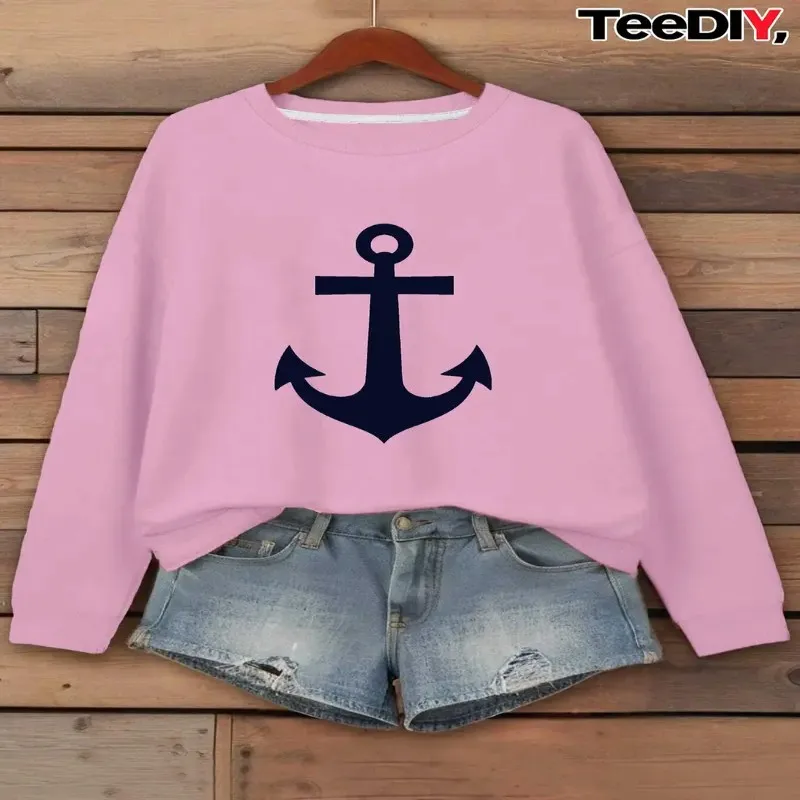 

Teediy Minimalist Navy Blue Anchor Women sweatshirt Trendy Y2k Clothes Aesthetic Soft Breathable Cotton Short Sleeve O Neck