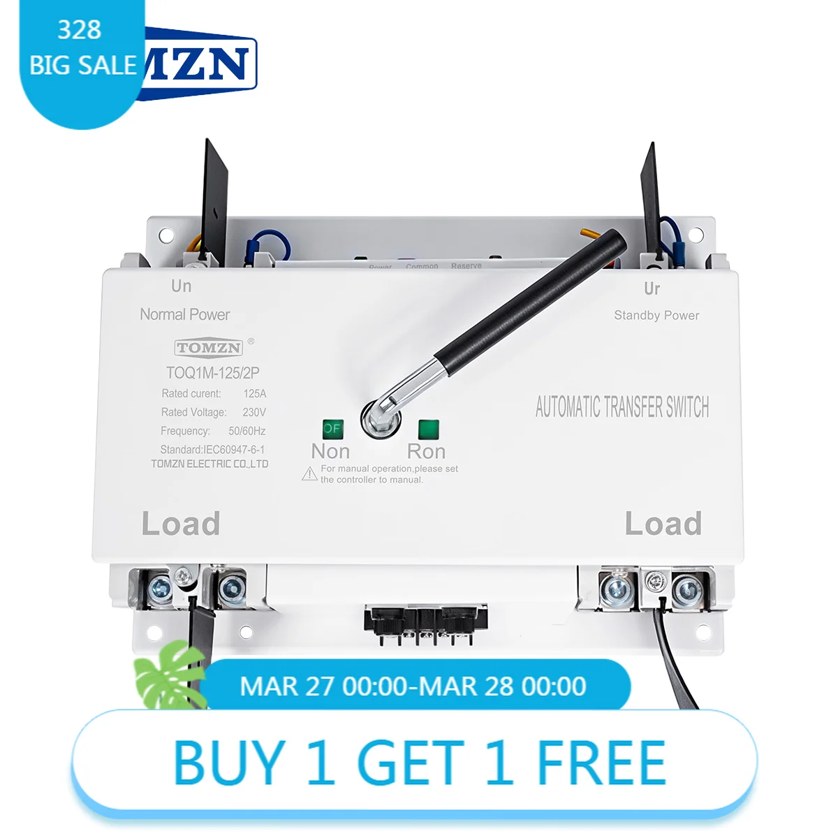 TOMZN TOQ1M-2P ATS Dual Power Automatic Transfer Switch, 100-250A 230V Built-in MCCB & Fuse For Generator And City Power
