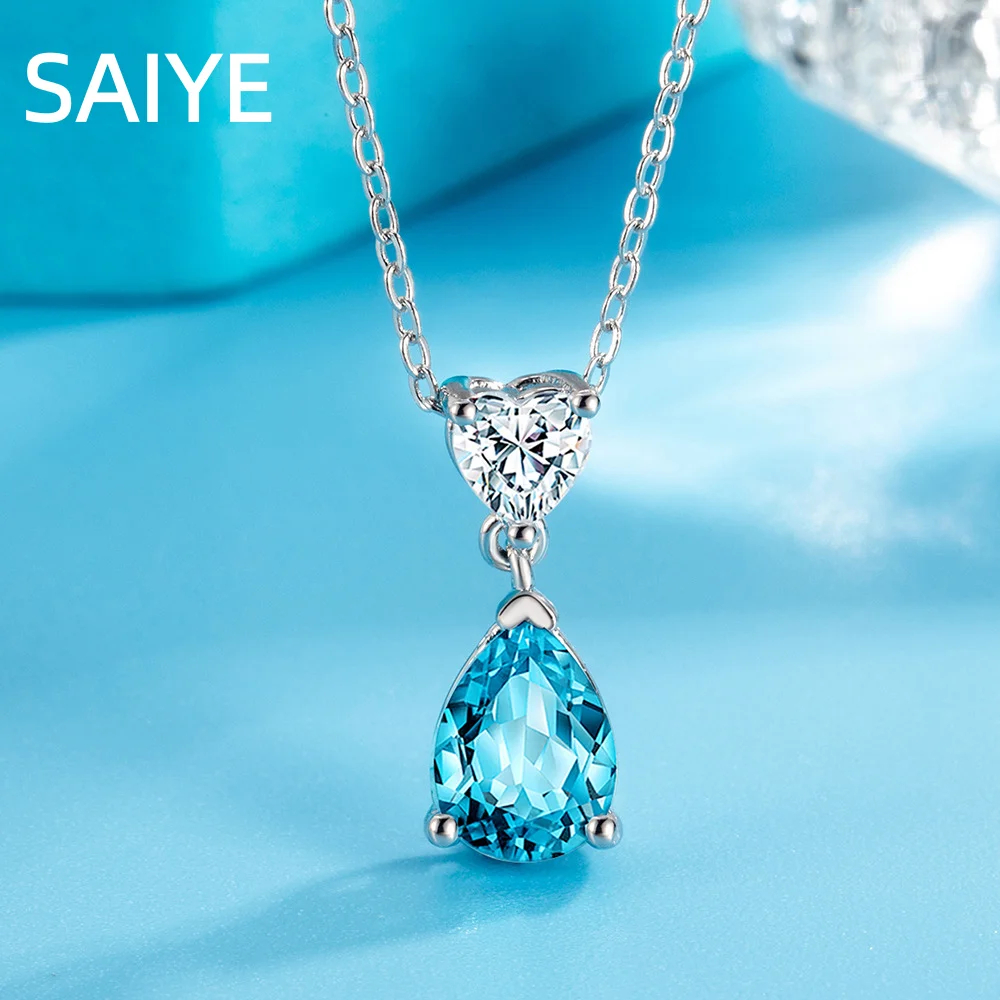 925 Sterling Silber Blaues Schmuckset für Damen - Herz CZ Tropfenförmiger Kristall-Anhänger Halskette Ohrhänger Hochzeitsschmuck Geschenk