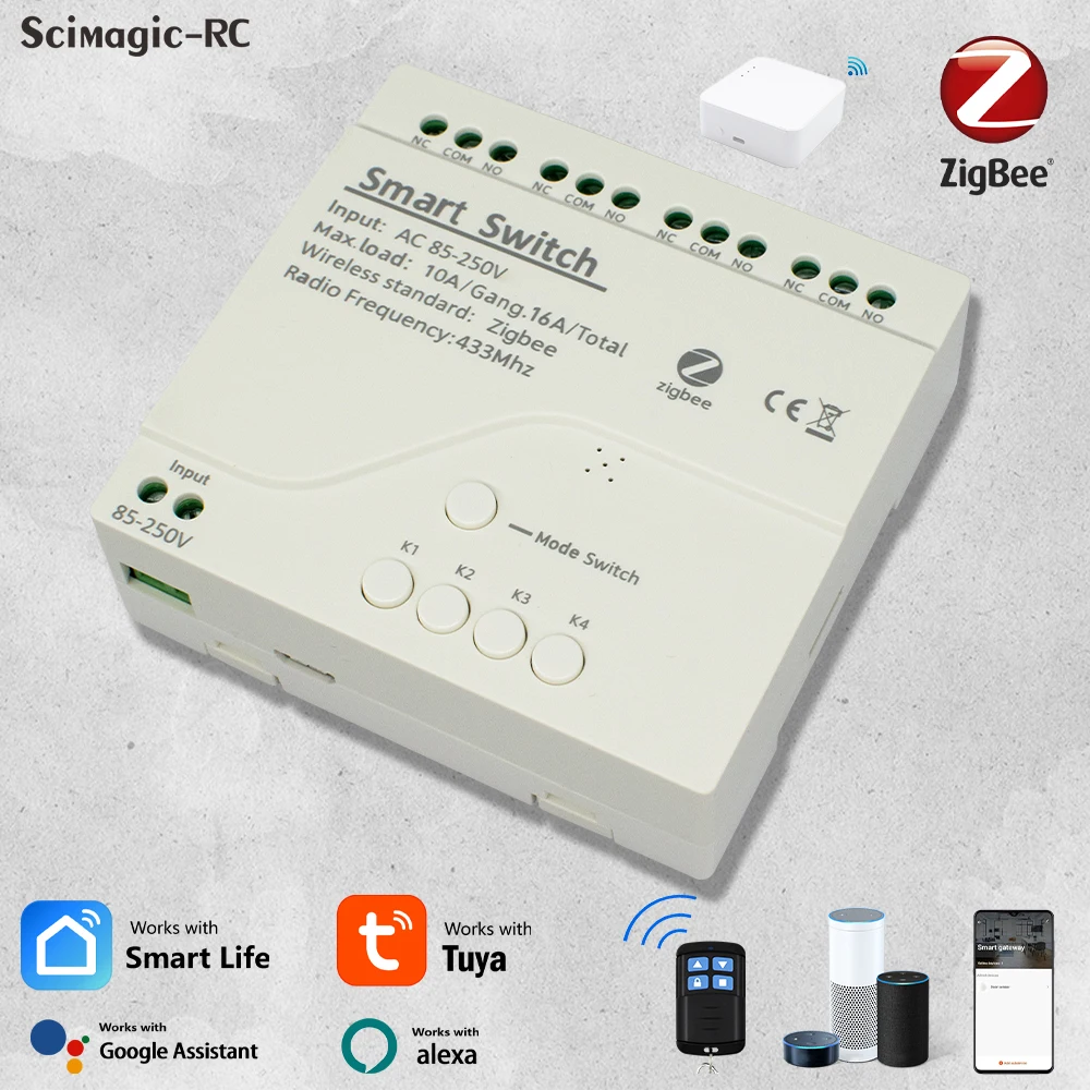 Zigbee 3.0 Gateway 4CH RF Smart Switch 12V 24V 110V 220V WIFI Remote Control Light Switch 10A Relay Self-locking