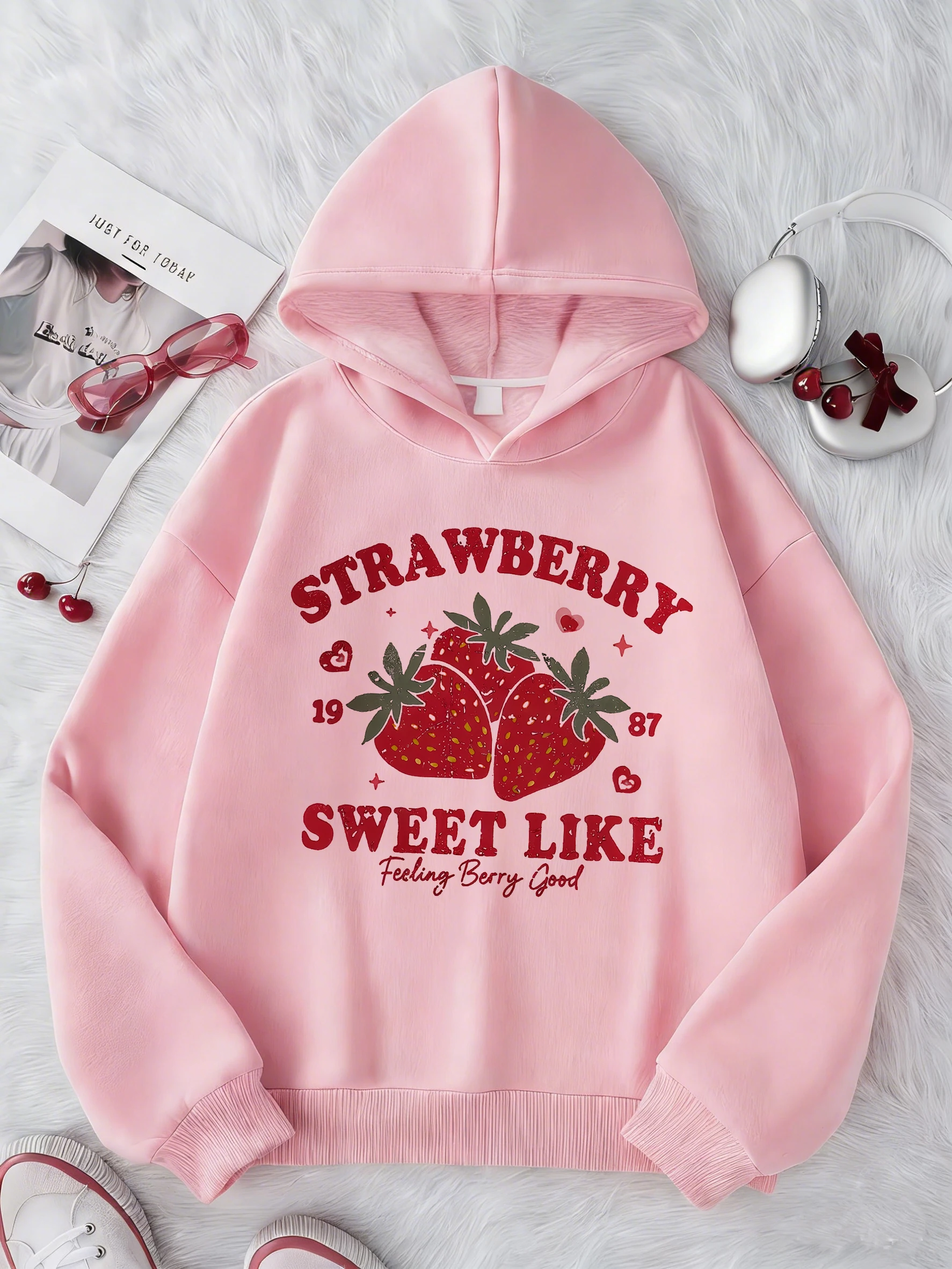 Kawaii Süßes Erdbeer-Design Bedruckter Kapuzenpullover für Kinder Niedlicher Hoodie für Jungen Mädchen Herbst Frühling Lässige Kapuzenpullover