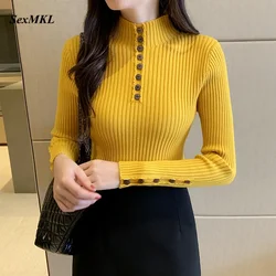 Women Turtleneck Winter Basic Sweaters 2024 Fashion Long Sleeve Button Pullovers Korean Clothes Sexy White Black Knitted Sweater