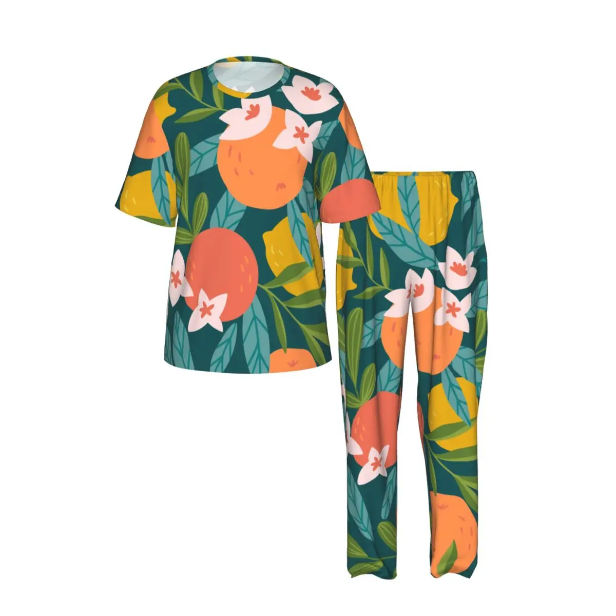 Men's Casual Pajamas Sets Short Sleeve and Pants Sets Male Sleepwear Tropical Summer Oranges Lemons And Flowers Home Clothes