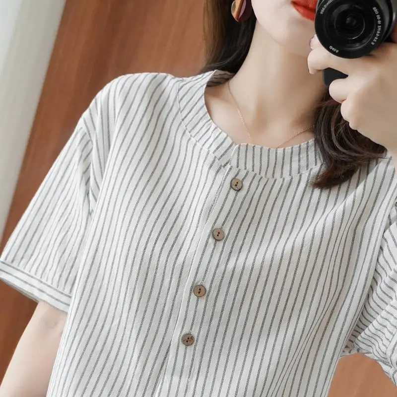 Fashion Printed O-Neck Button Striped Blouse Women's Clothing 2023 Summer New Oversized Casual Pullovers Loose Commute Shirt