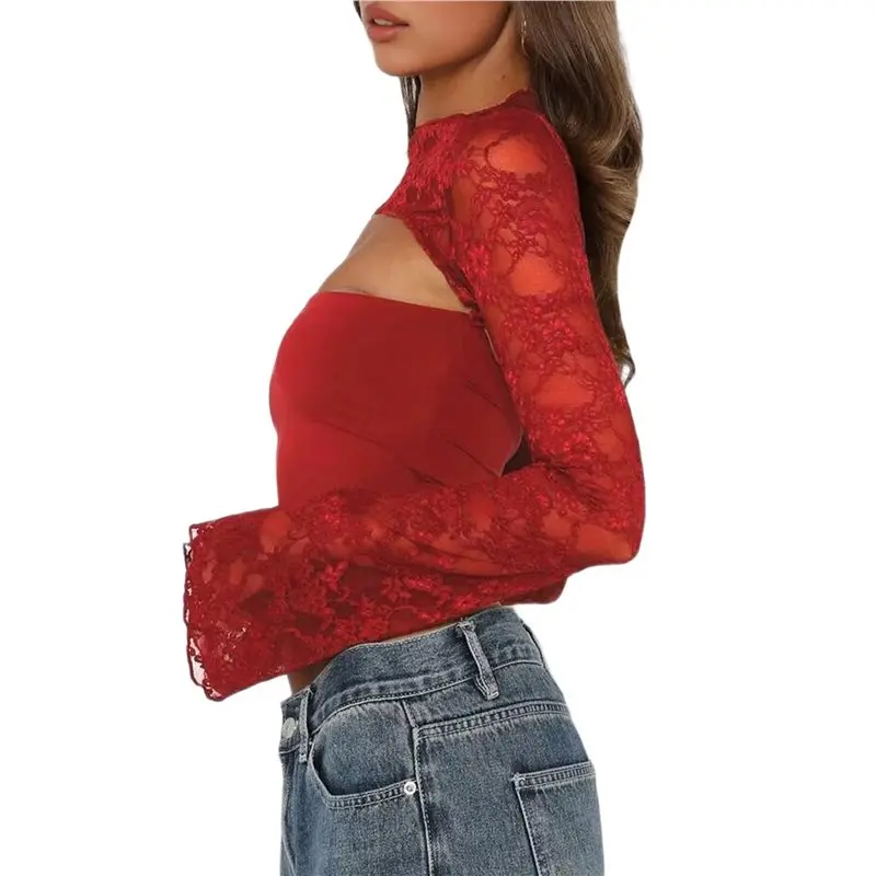

CYL-Women's Lace Long Sleeve Going Out Tops Y2K Crew Neck Cutout Double Lined Slim Night Out Shirts