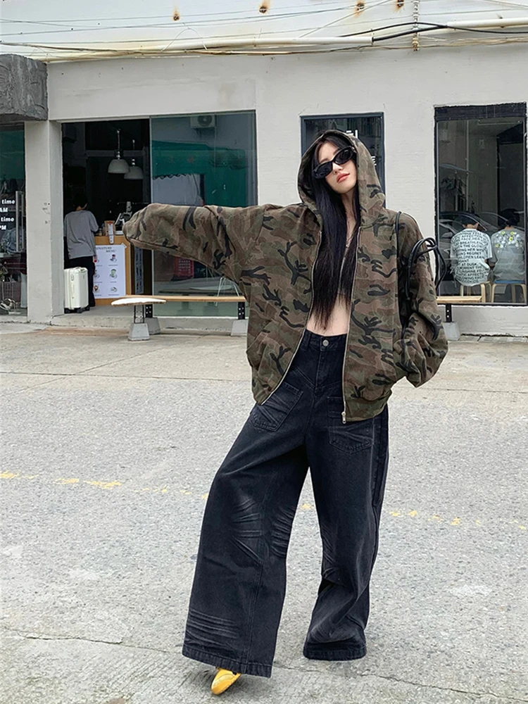American style retro suit loose casual long sleeved camouflage jacket high waisted washed jeans women's spring two-piece set