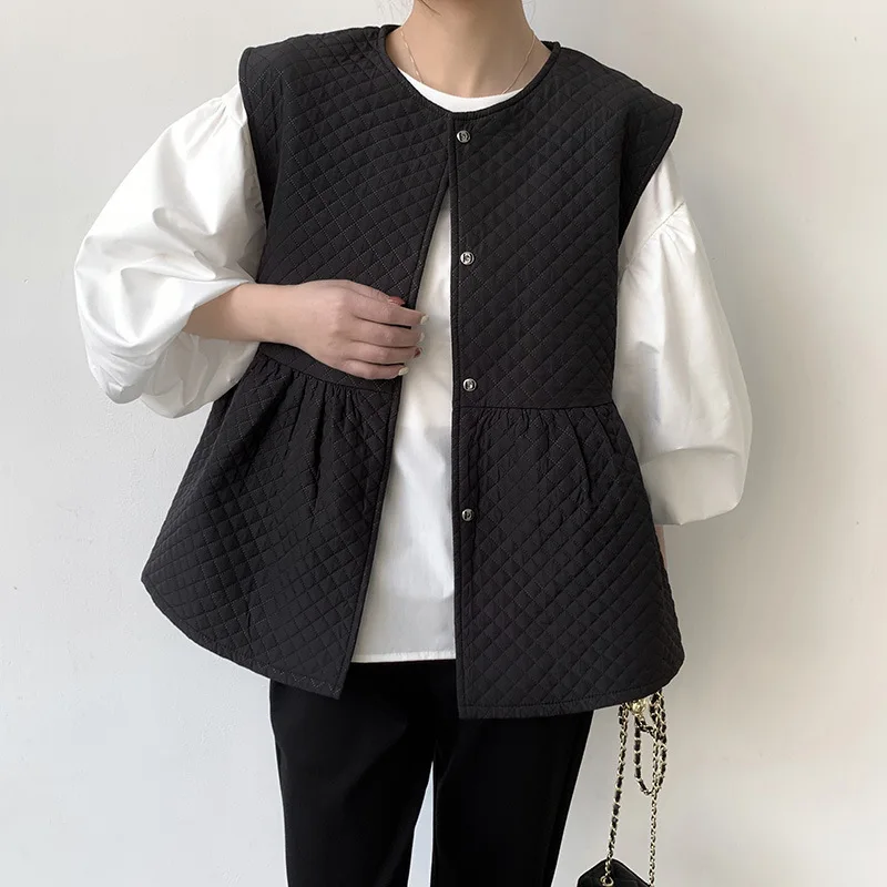 

Япония Rakuten, осенне-зимний новый черный стеганый жилет с рюшами и круглым вырезом, модная универсальная свободная женская одежда